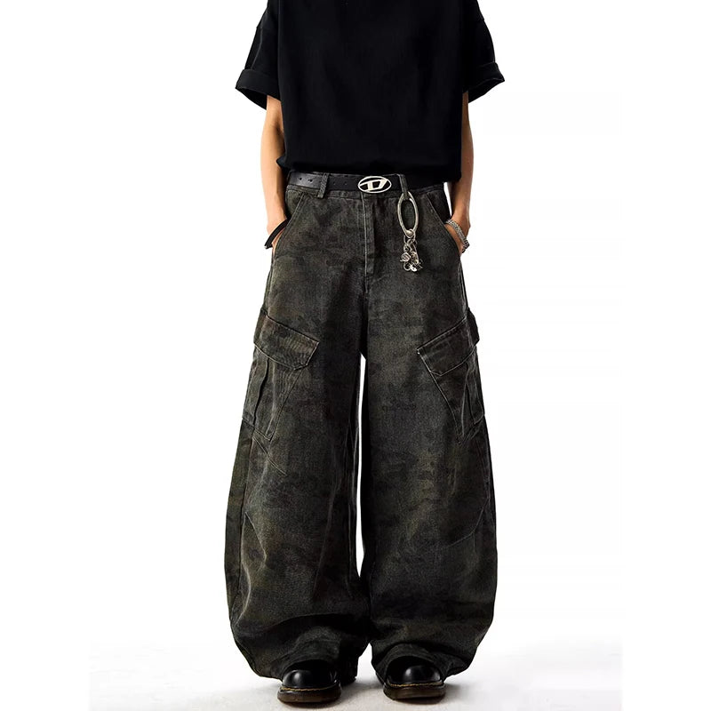 High Waist Men's Camouflage Jeans Aesthetic Vintage 2000s Streetwear Y2K Wide Leg Jeans Autumn Spliced Trouser Baggy Denim Pants