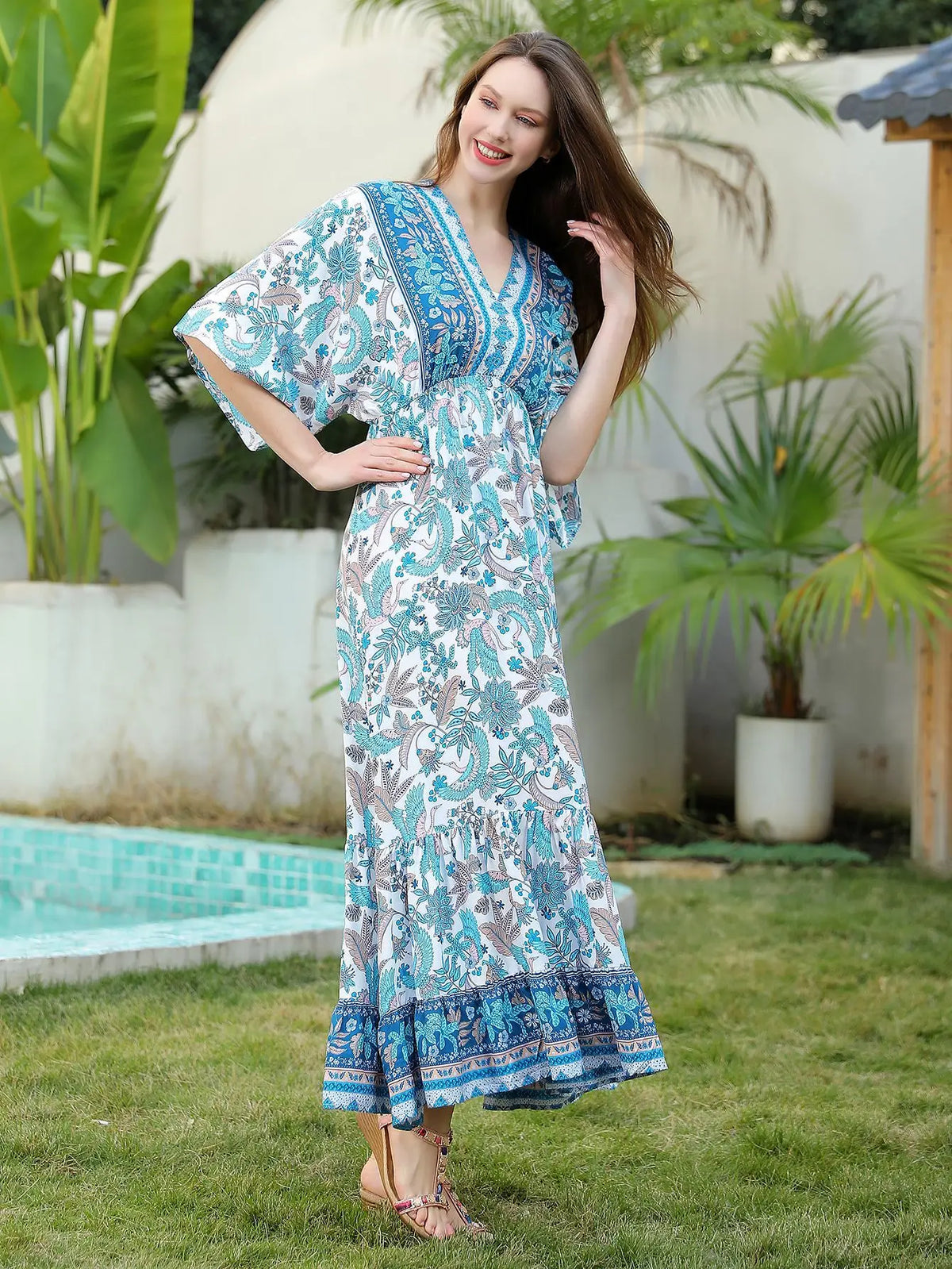 Bohemian Oversize Loose Elastic Waist Maxi Dresses Women Robe Cotton Rayon Floral Printed Long Dress Summer Boho Beach Cover up