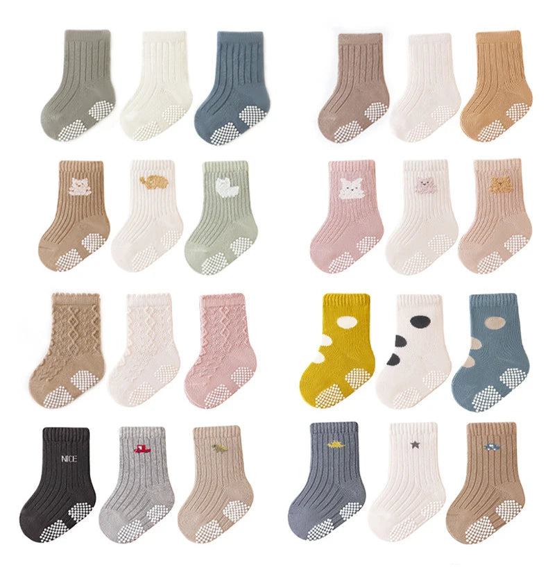 3 Pairs/lot Four Seasons Toddler Baby Anti-slip Socks for Newborns Cute Solid Color Cotton Non Slip Boys Girls Floor Socks 0-8Y
