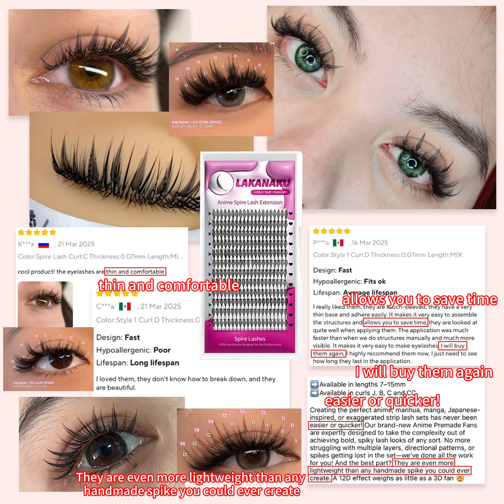 LAKANAKU Spire Lashes Feather Einzelwimpernverlängerungen B/C/CC/D Kaschmir Volumen vorgefertigte Spikes Wimpern