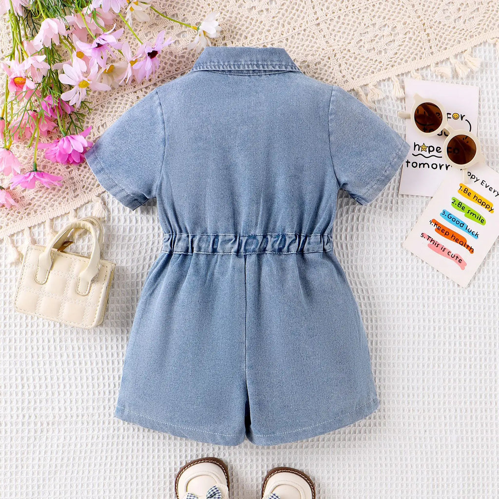 New Children Denim Jumpsuits Dresses Girls Medium and Large Kids Waist-cinching Denim Jumpsuit with Lapels and Ripped Waists