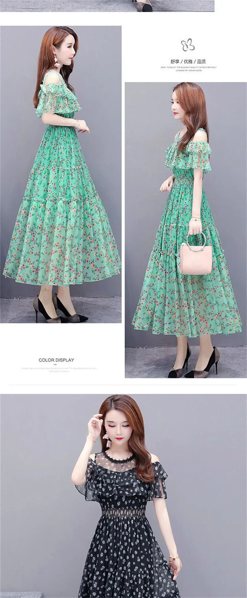 Mesh Chiffon Floral Print Dress Women 2024 New Summer Bohemian Beach Dress Long Off Shoulder Sexy Lady Party Dresses Vestidos