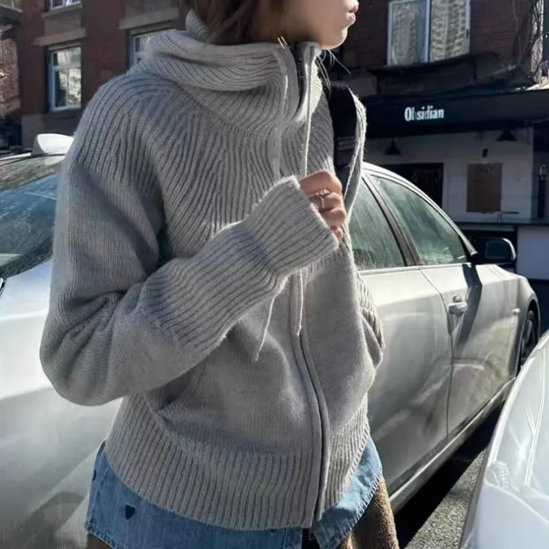 High-end double zipper hooded 100% cashmere knitted cardigan women's sweater loose hooded sweater for autumn winter wool coat