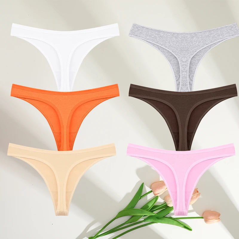 6PCS Cotton G-String Sexy Women Panties V-Waist Underwear Female Lingerie Seamless Thong For Woman Solid Color Intimate Pantys