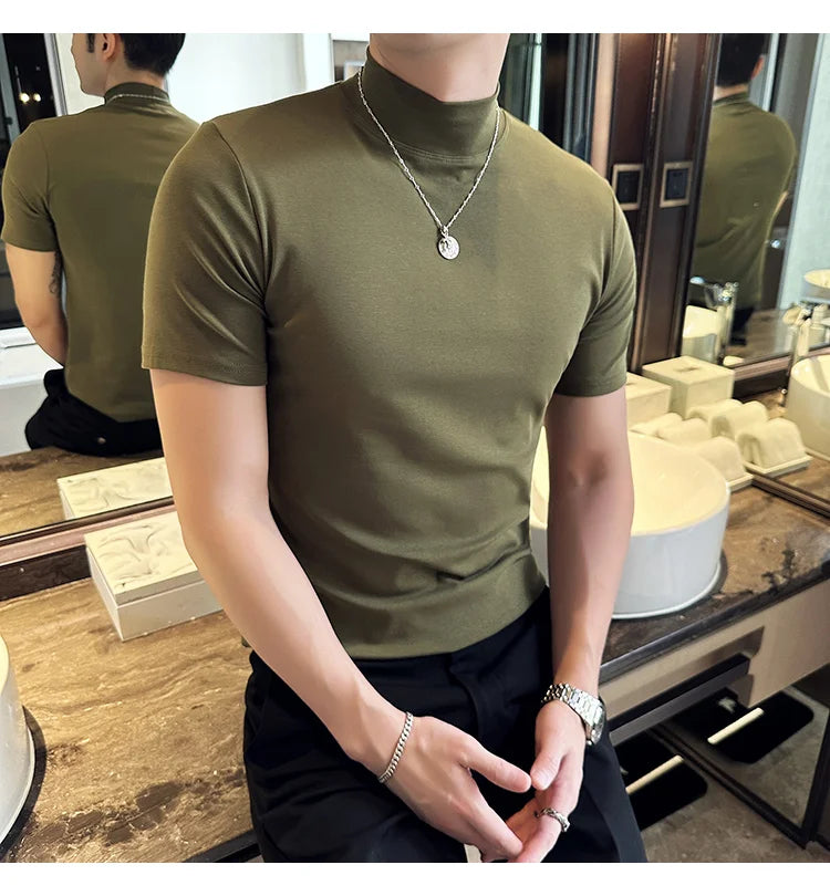 Spring Summer Men's Half High Neck Short Sleeve T-shirt Korean Slim Fit Solid Color Bottom Shirt Casual Cotton Elastic T-shirts