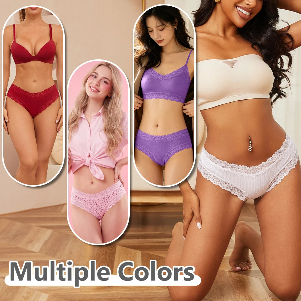 4Pc S-XL Women's Cotton Sexy Lace Brazilian Pants Seamless Low Waist Printing Breathable Underwear Ladies Lace Patchwork Panties