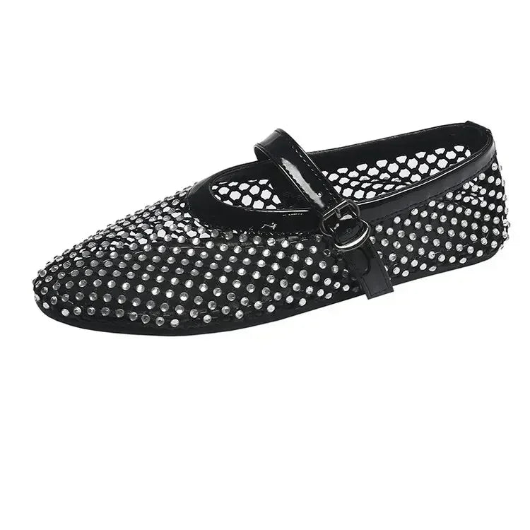 Luxury Crystal Rhinestone Fishnet Ballet Flats Woman Brand Design Rivet Mesh Mary Jane Shoes Ladies Summer Loafers Plus Size 42