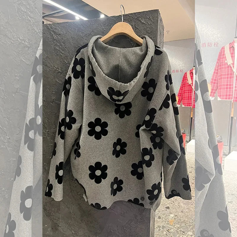 Grey high-grade printed loose hooded sweater for women in autumn and winter Joker new V-neck design temperament casual top