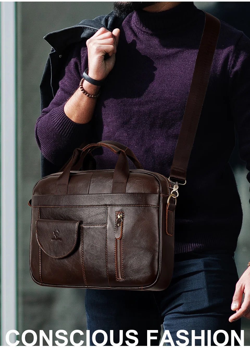 HUMERPAUL Men's Briefcase Bag Top Layer Leather Handcrafted Laptop Bag with Multiple Compartments Business Shoulder Messenger