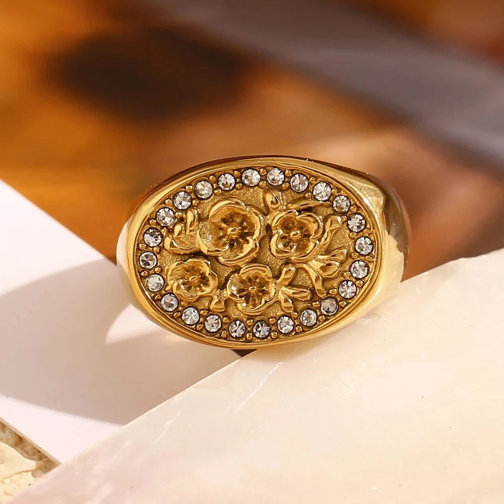 Glossisland Stainless Steel Flower Zircon Ring Plated 18k Gold Color Non Tarnish Waterproof Trendy Jewelry Ring for Women Gifts