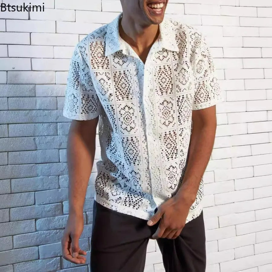 Summer Fashion Men's Lace Hollow Out Shirts Solid Breathable Casual Short-sleeved Cardigan Sexy See Through Mesh Blouse for Male