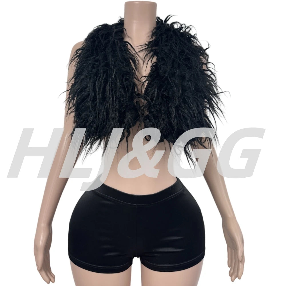 HLJ&GG Fashion Y2K Fur Hollow Out Streetwear Women Sleeveless Slim Crop Top And Shorts Outfits Female Trend 2pcs Outfits 2025