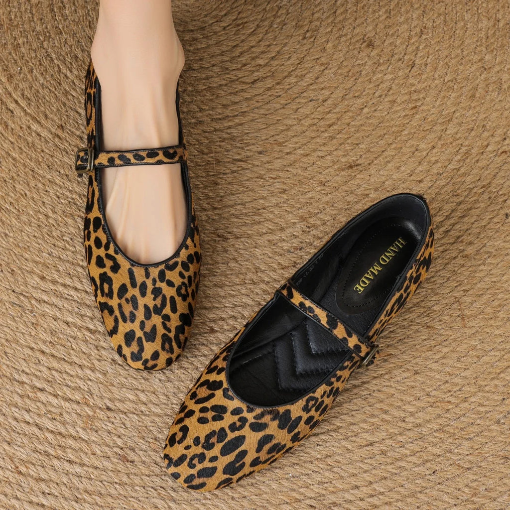 Plus size 34-43 women's leopard horsehair slip-on Mary Jane flats round toe casual female slim daily ballerinas shoes for woman