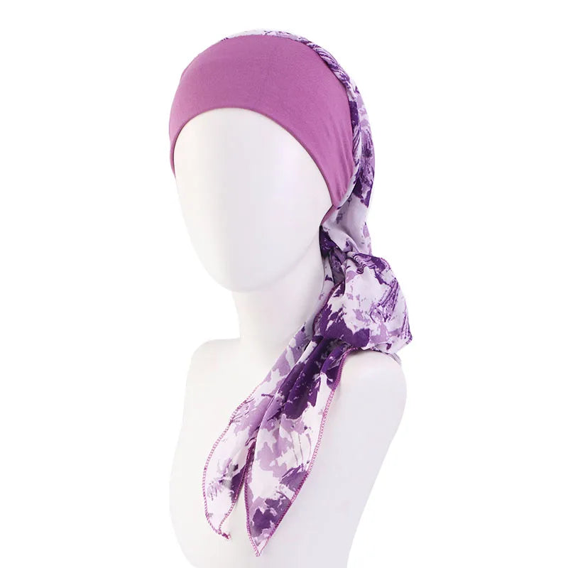 New Muslim Women Hijab Head Wrap Pre-Tied Headwear Cancer Chemo Flower Printed Elastic Turban Cover Hair Loss Head Scarf Bandana