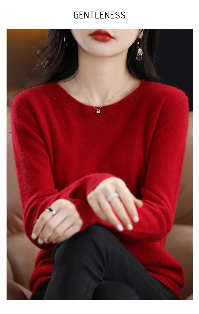 Women 100% Merino Wool Sweater O-Neck Long Sleeve Cashmere Knitwear Pullover Aliselect Fashion Autumn Winter Clothing Tops