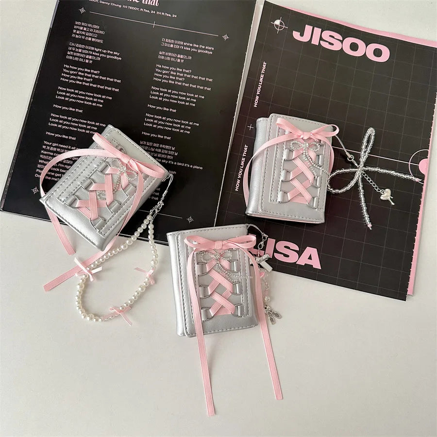 Silver Sweet Wallets for Women Y2k Strap-on Designer Original Fashion Short Coin Purse Korean Style Casual New Cute Wallet Purse