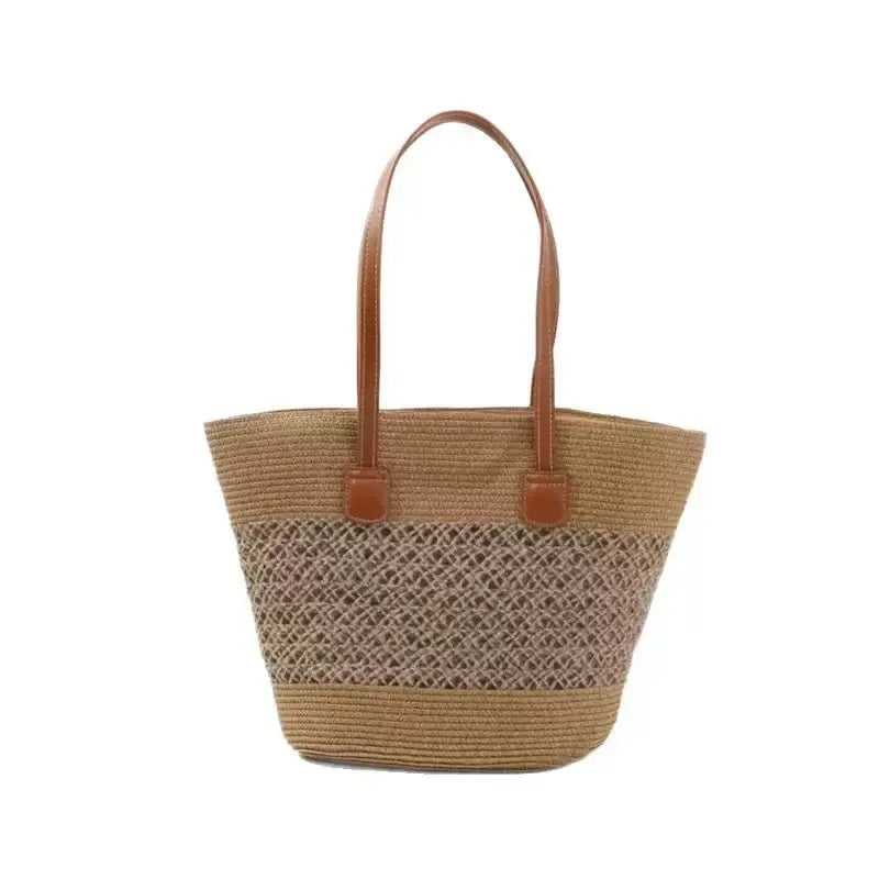 Large Capacity Straw Woven Bag And Hat Set for Outdoor Travel Face Slimming Wide Brim Sunshade Tote Bag Trendy Bucket Handbag