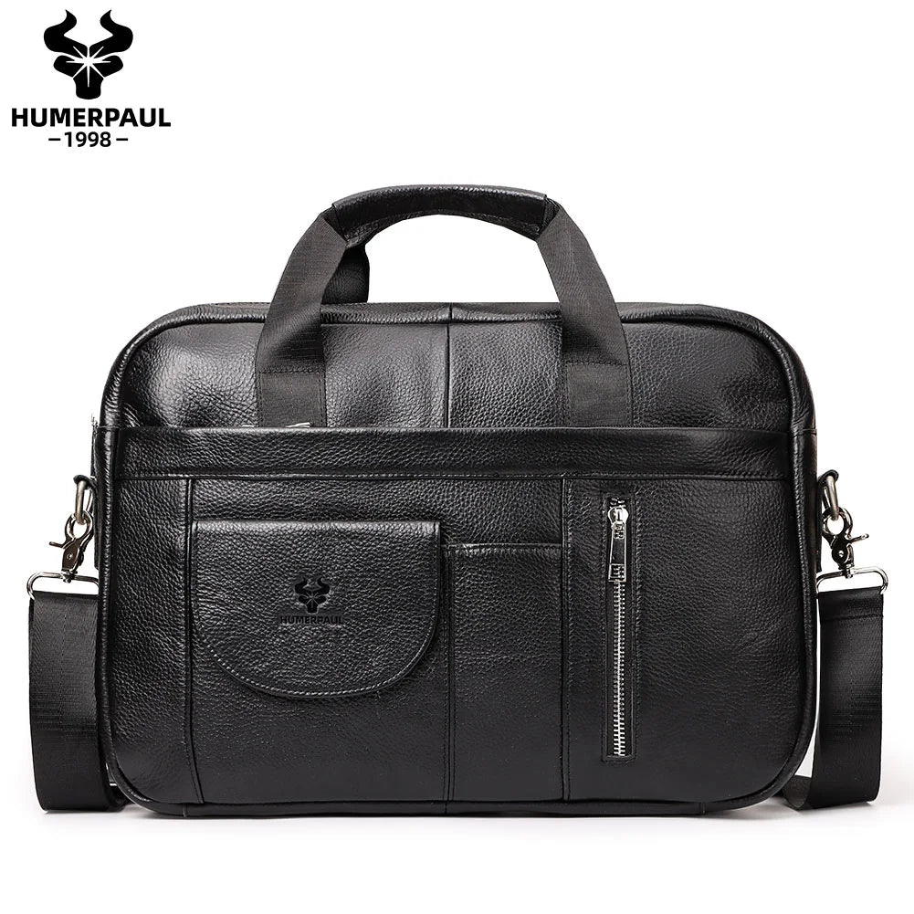 HUMERPAUL Men's Briefcase Bag Top Layer Leather Handcrafted Laptop Bag with Multiple Compartments Business Shoulder Messenger