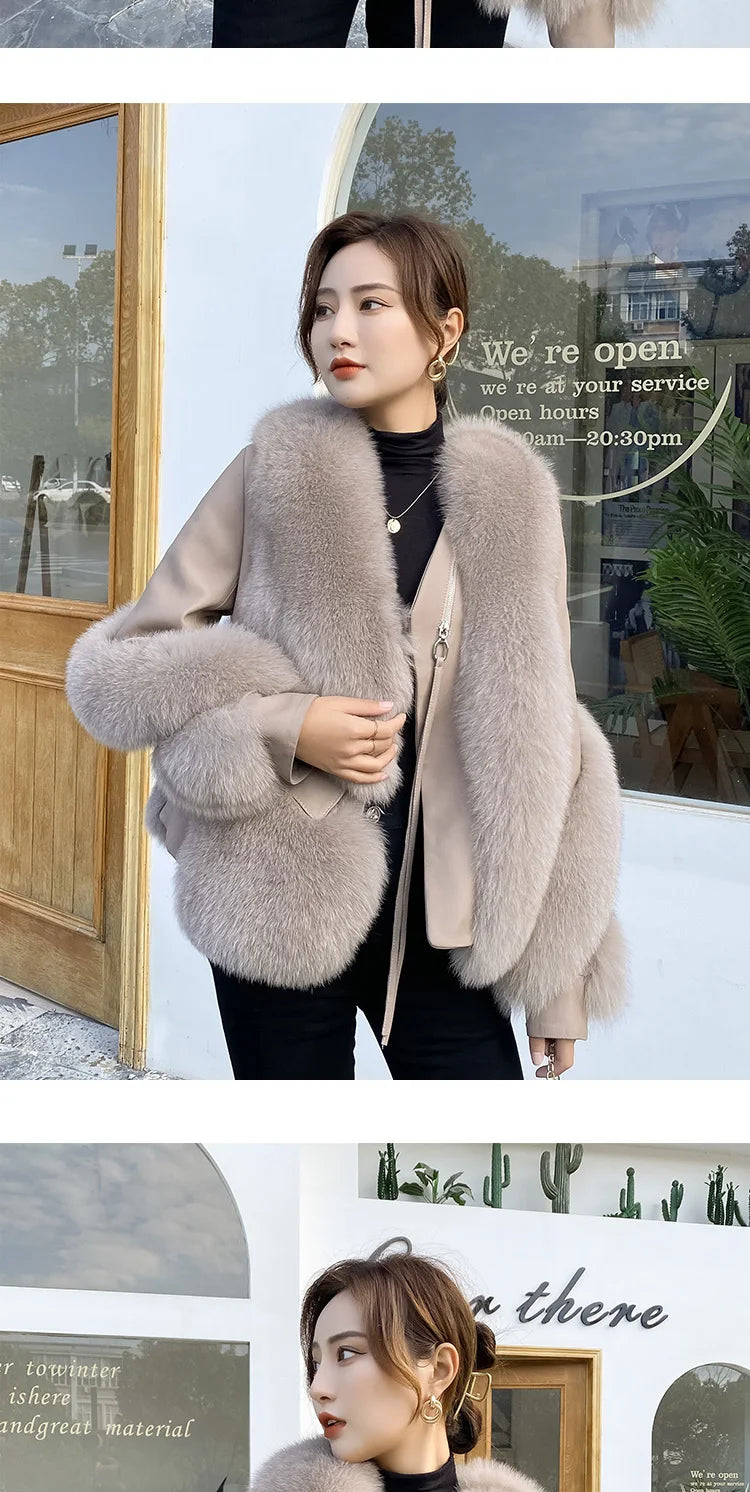 OFTBUY 2022 Real Fur Coat Winter Jacket Women Natural Fox Fur Genuine Leather Outerwear  Streetwear Locomotive Thick Warm New