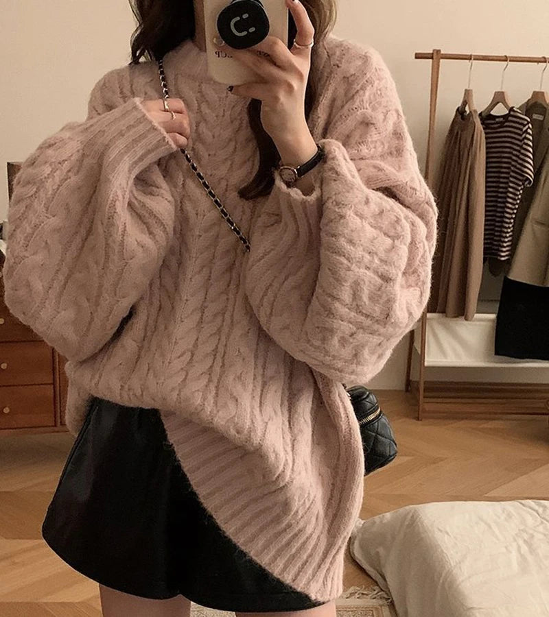 Autumn Winter Women Knit Sweater Korean Oversized Long Sleeve O Neck Pullover Fashion Solid Loose Preppy All Match Jumper Mujer