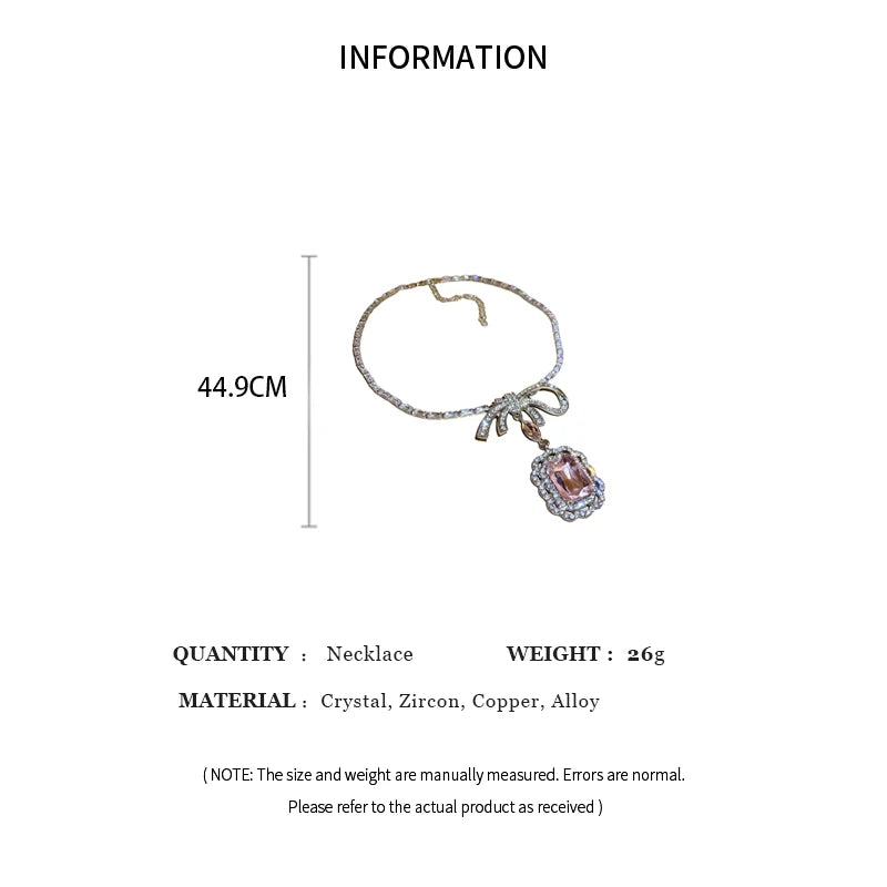 Pink Crystal Zircon Jewelry Set Women Fashion Square Bow Pendant Necklace Drop Earrings Light Luxury Party Wedding Jewelry