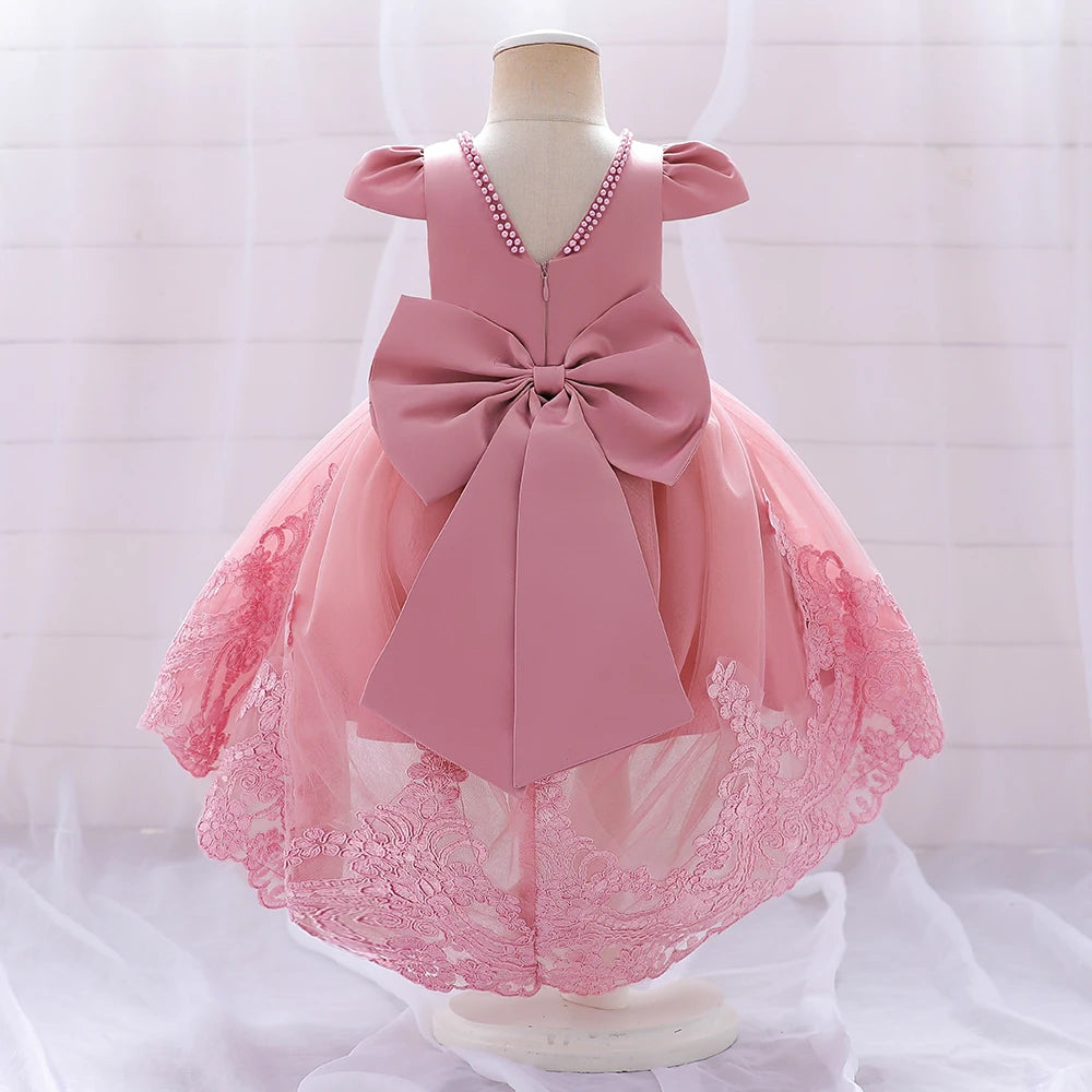 Toddler Bow Baby Dress For Girls Beading Tulle Princess 1st Birthday Embroidery Kids Party Dresses for Girl Pink Baptism Costume