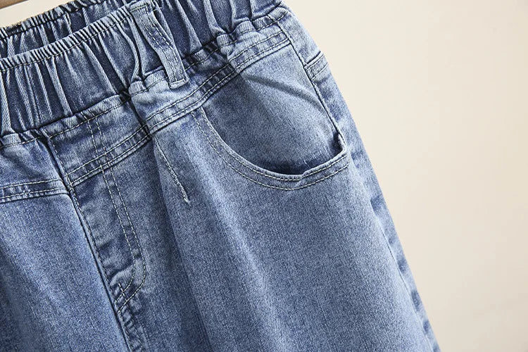 L-6XL Plus Large Size Baggy Jeans Women High Waisted Jeans Woman Mom Jeans Loose Denim Harem Pants Elastic Waist Blue
