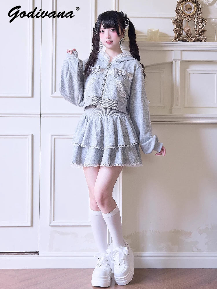 Japanese Mine Sportswear Hoodie Set Female Subculture Y2K Women's Zipper Hooded Short Jacket Coat Mini Skirt Wide Leg Pants Set