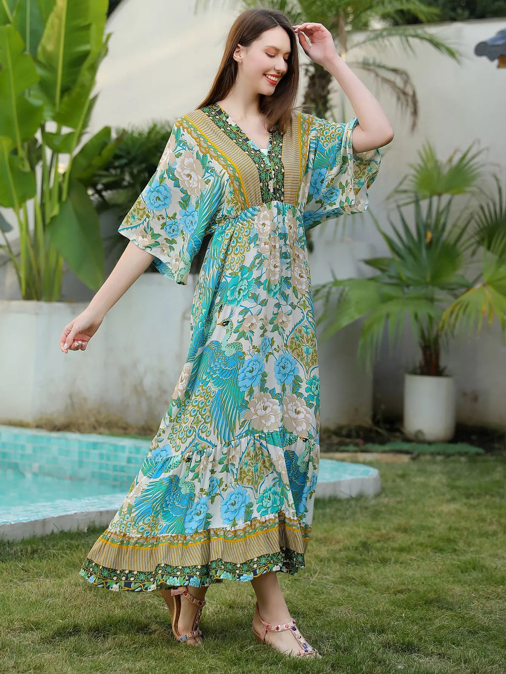 Bohemian Oversize Loose Elastic Waist Maxi Dresses Women Robe Cotton Rayon Floral Printed Long Dress Summer Boho Beach Cover up