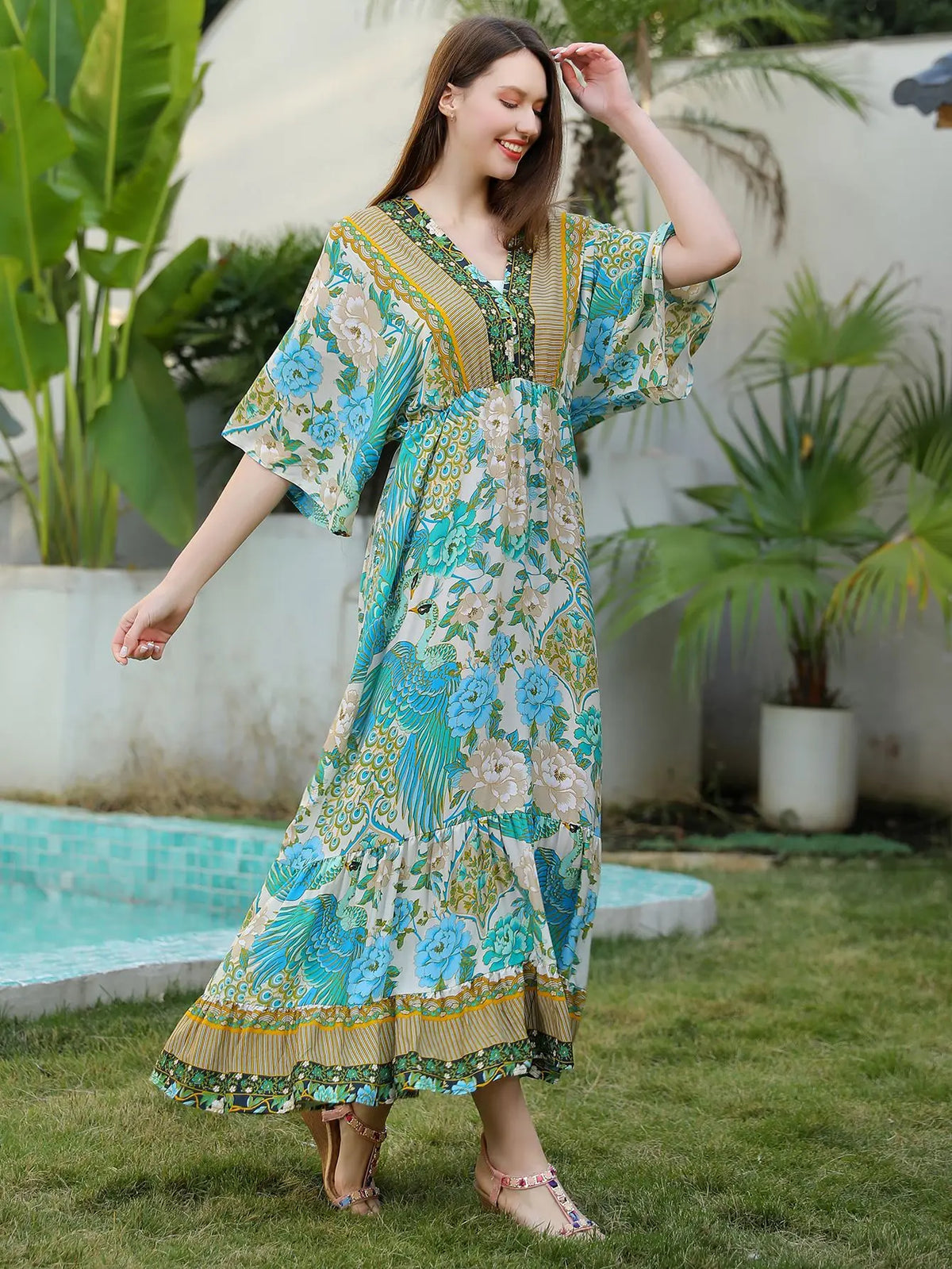Bohemian Oversize Loose Elastic Waist Maxi Dresses Women Robe Cotton Rayon Floral Printed Long Dress Summer Boho Beach Cover up