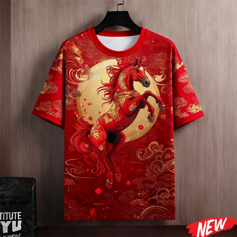 Red Color 2026 New Year T-Shirt Men Clothes Horse Graphic Happy New Year T Shirt Tops Festive Crew Neck Short Sleeve Tee Shirts