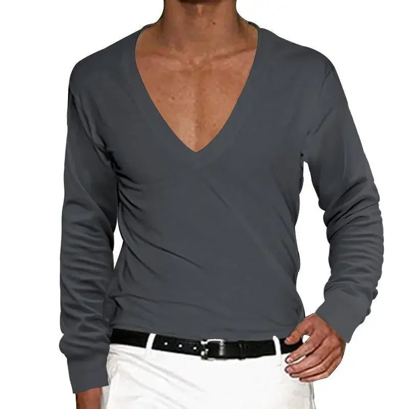 2025 Men's T-Shirt Summer Shirts Low Cut Deep V Neck Comfortable Shirt Tops Men's Long Sleeve Casual Pullover Sexy Slim Fit Tees