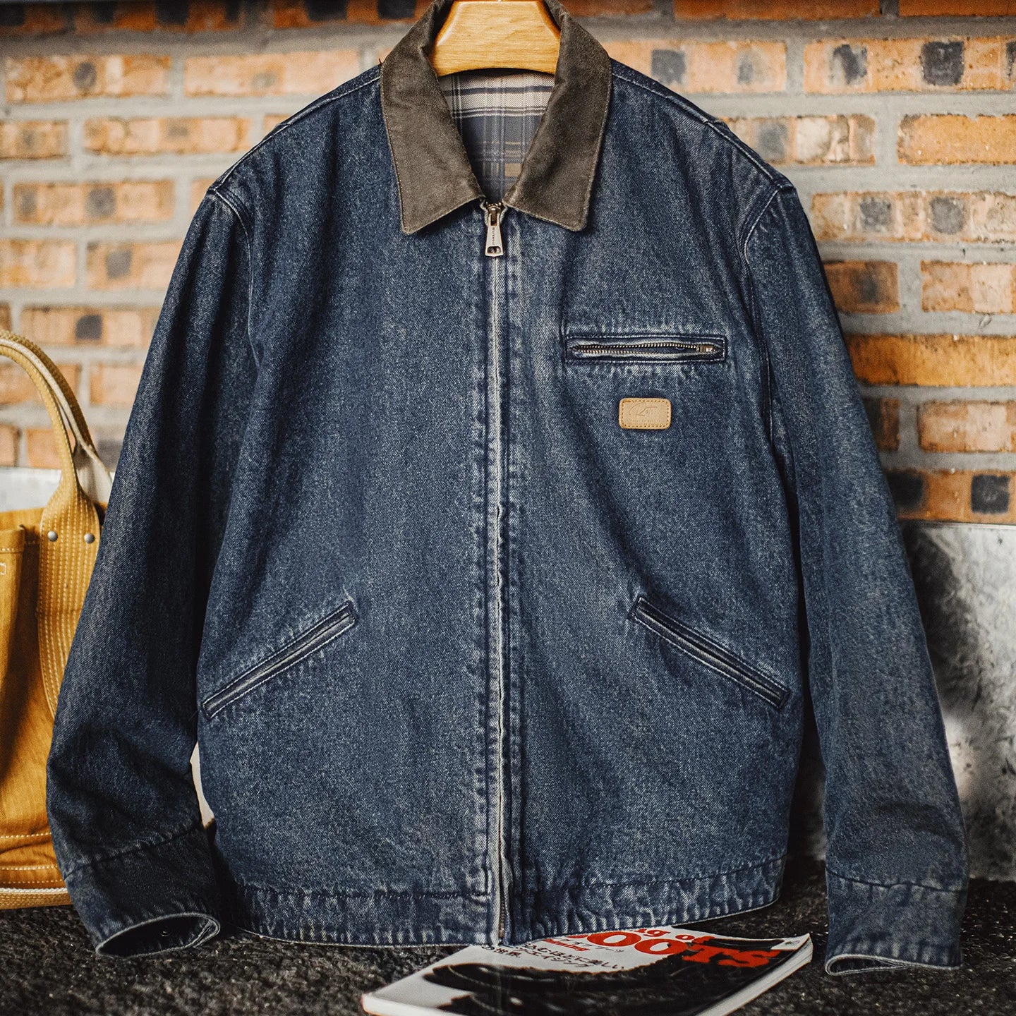 Maden Men's Vintage 10.5oz Detroit Denim Jacket Short Heavyweight Safari Coat Casual Lapel Collar Outerwear for Spring and Fall