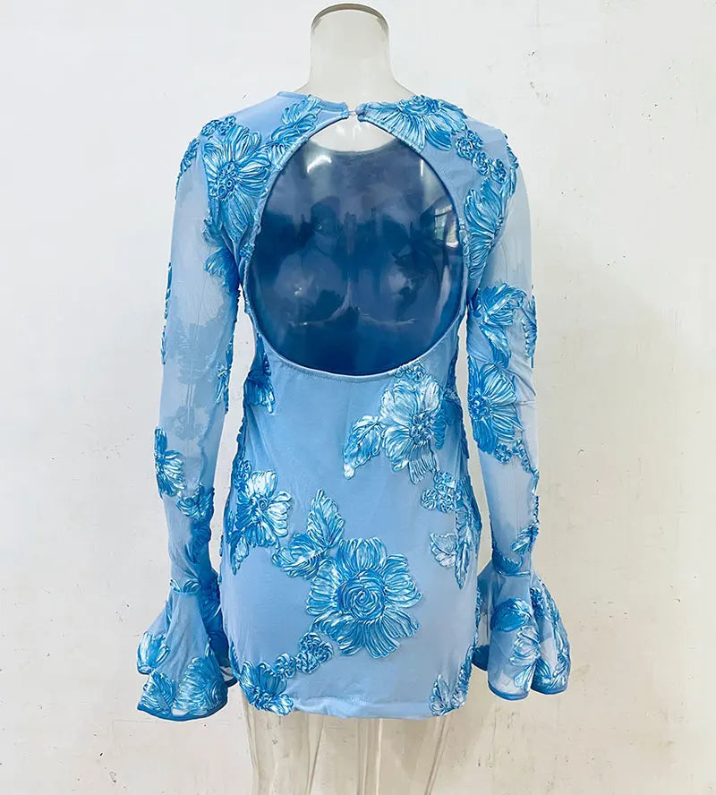 GACVGA Mesh Flare Sleeve Elegant Mini Dress For Women 3D Flower Slim Backless Sexy Bodycon Party Club Dress