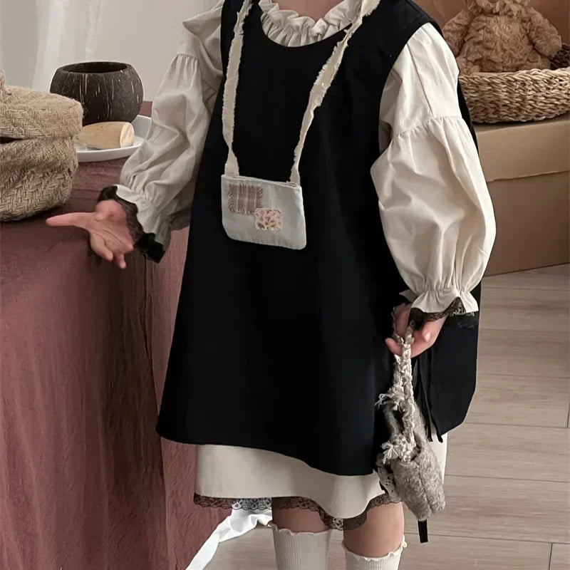 4768 Children Dress Set Spring Autumn New Retro Girl's Dress Lace Skirt 2-piece Set
