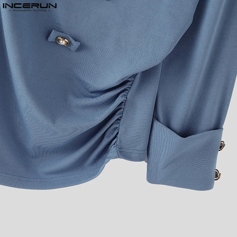 INCERUN Men Irregular Shirt V Neck Long Sleeve Solid Color Men Clothing Loose Pleated Streetwear 2025 Casual Irregular Shirts