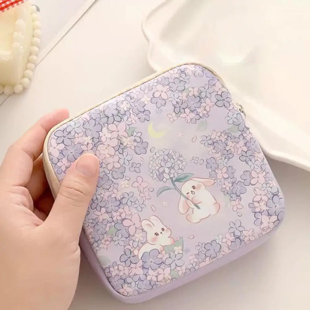 Cute Rabbit Floral Storage Bag, Mini Sanitary Napkin Organizer,Portable Cosmetic Pouch for Women,Data Cables Coin Purse Bag