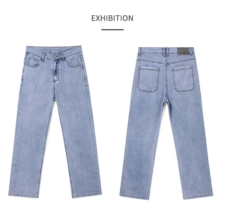 Lyocell Men's Black Jeans Summer Thin Loose Straight Soft Ice Silk Casual business Denim Pants male Elastic Wide Trousers