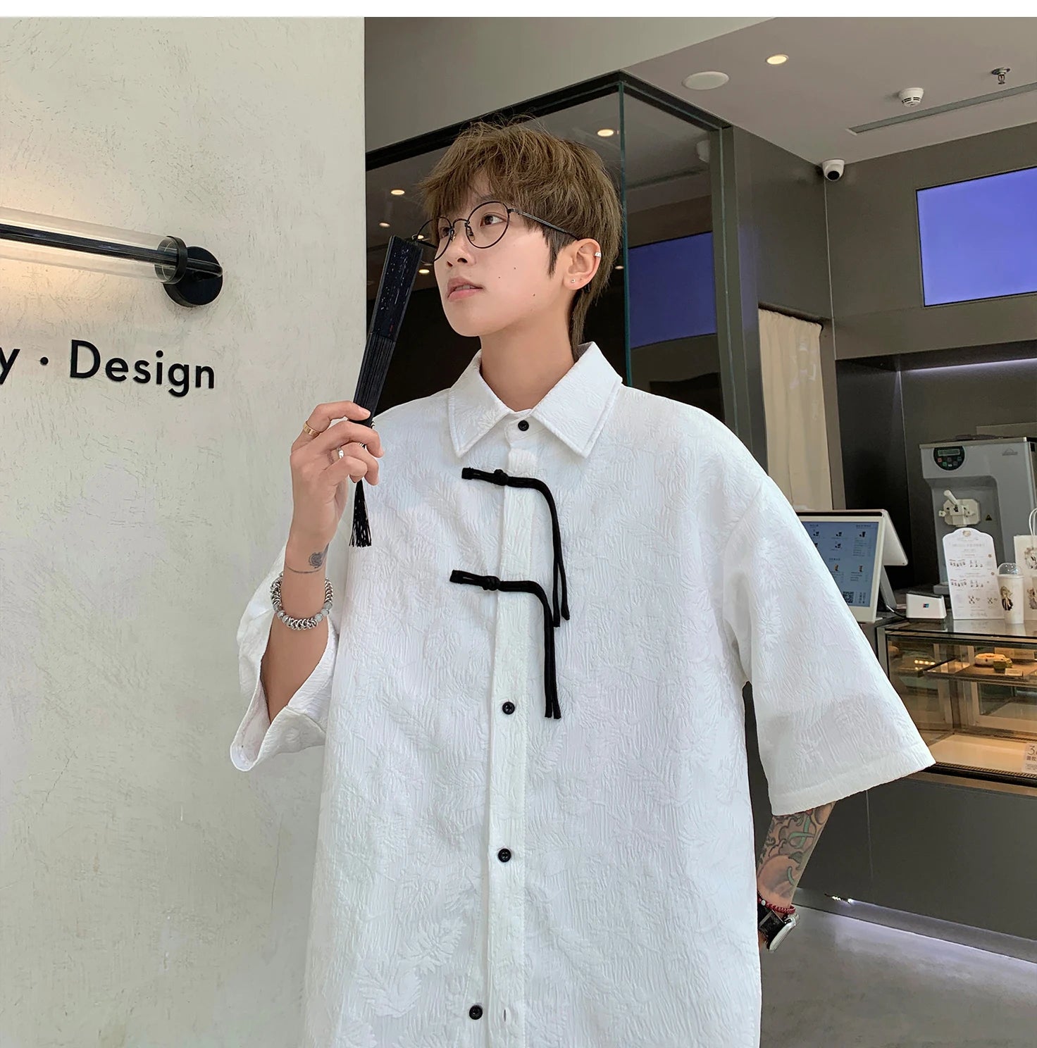 2024 Men Chinese Style Shirt Mens Tang Dress Hanfu Half-Sleeve Shirt Male Printing Kung Fu Outfit Loose Casual Tops