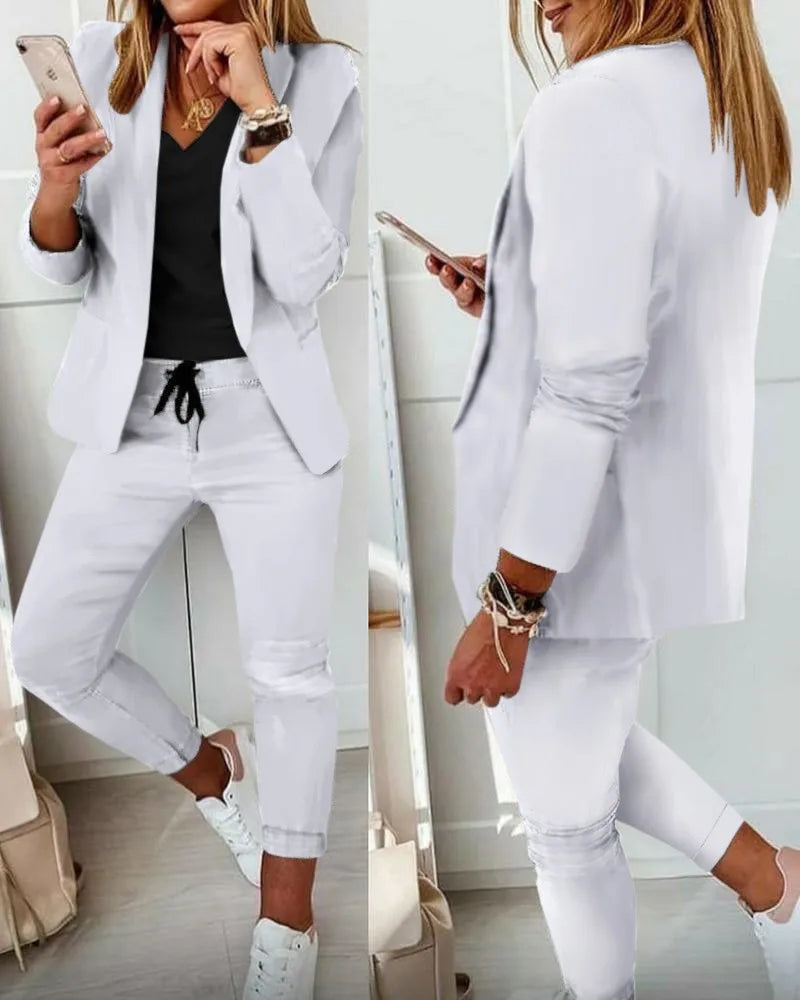 Traje de oficina formal de dos piezas para mujer 2026, conjunto de blazer y pantalón ajustado con bolsillo, solapa, conjuntos de oficina para mujer, chándal de 2 piezas
