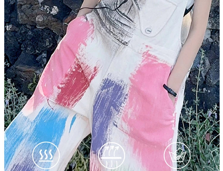 Child Stylish Denim Jumpsuit Dungarees with Drawings for Girl High Fashion Streetwear Suspender Overall Kids Colored Strap Jeans