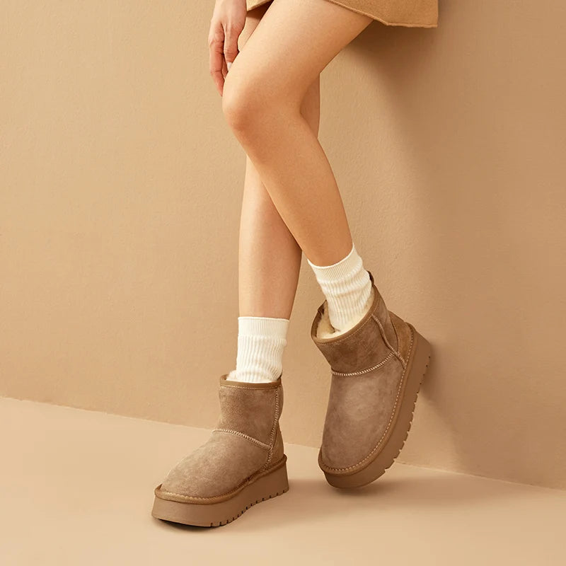BEAUTODAY Platform Snow Boots Women Suede Sewing Ultra Mini Warm Plush Outdoor Ankle Boots Winter Ladies Handmade 08069