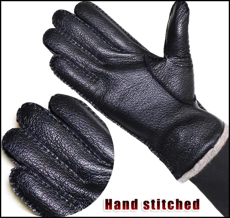 Men's and Women's High-end Buckskin Goat Leather Gloves Autumn and Winter Thin Warm Knitted Wool Lining Driving Leather Gloves