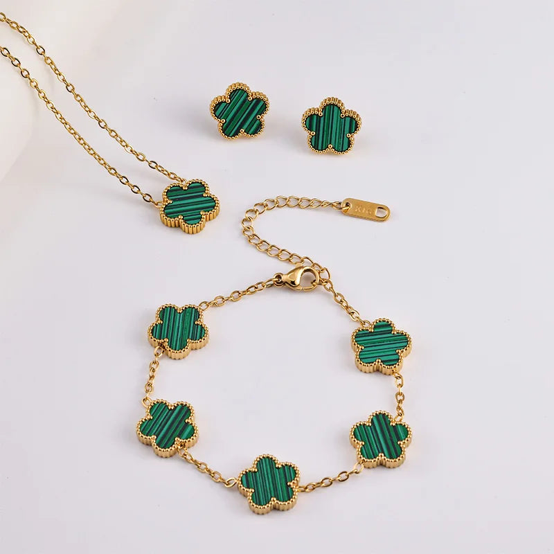3 Piece Set Stainless Steel Bracelet Necklace Jewelry Sets Double Sided Flower Christmas Gifts Earring Gold Plated Bracelets