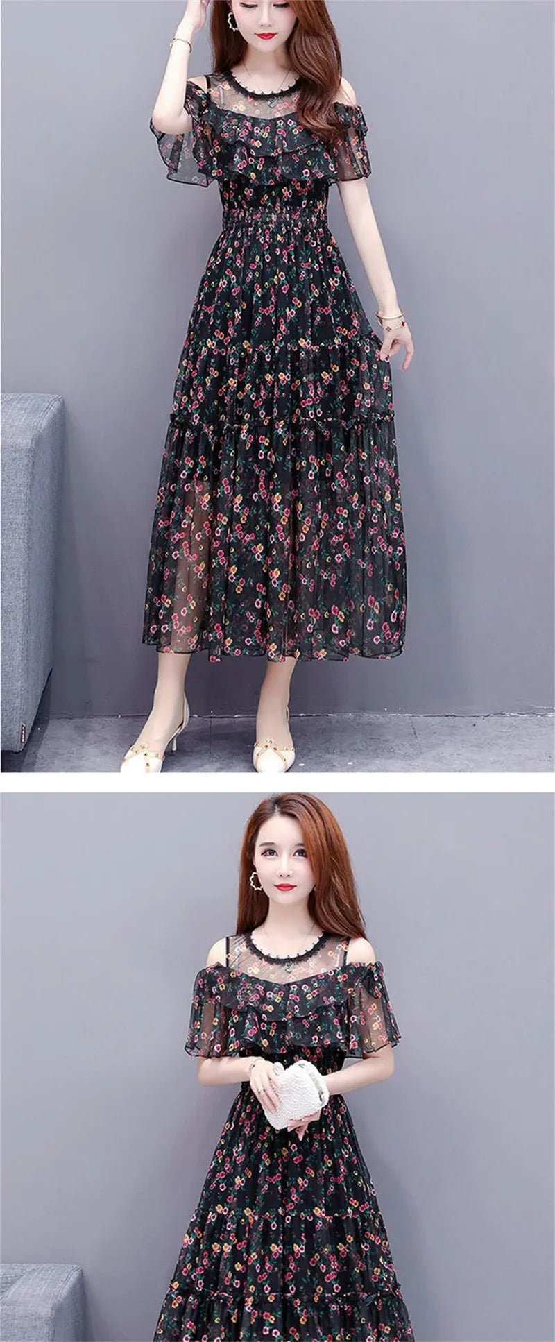 Mesh Chiffon Floral Print Dress Women 2024 New Summer Bohemian Beach Dress Long Off Shoulder Sexy Lady Party Dresses Vestidos