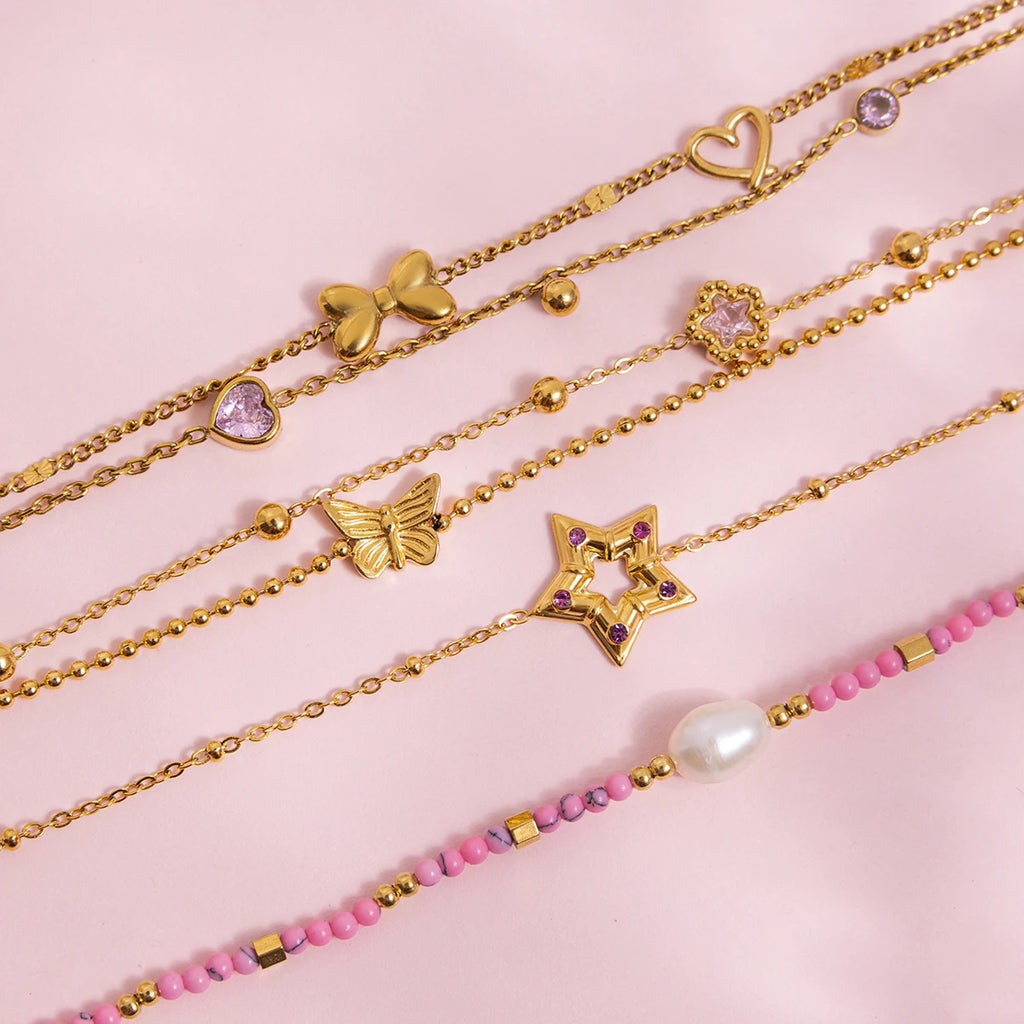 Zora Minimalist Girl's Bow Heart Rhinestones Double-layer Thin Bracelet 18K Gold-plated Stainless Steel Daily Stacking Jewelry