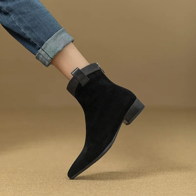 Women's Vintage Chunky Heel Ankle Boots Autumn Winter New Pointy Square Head Suede Back Zipper Soft Sole Non-slip Short Boots
