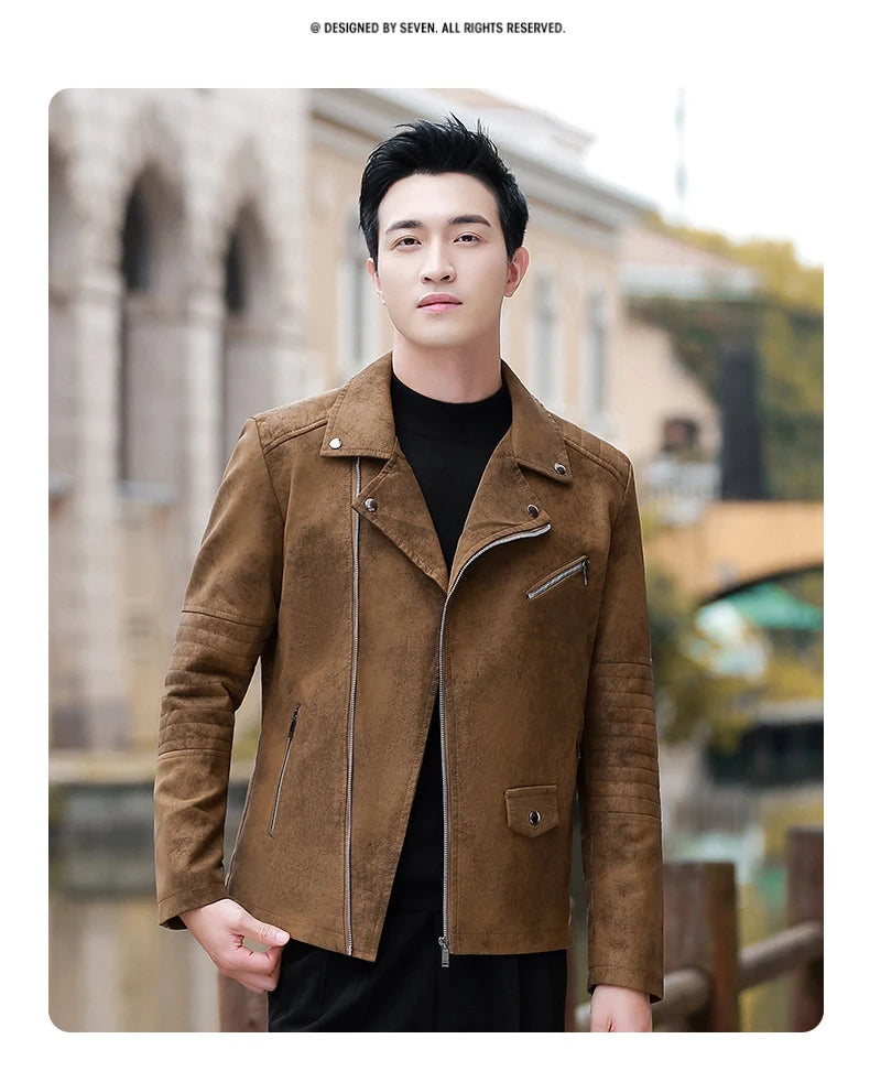 Men's Streetwear Vintage Motorcycle Coat Stand Collar Brown Leather Jacket Motorcycle PU Faux Leather Coat Winter Outwear Mens