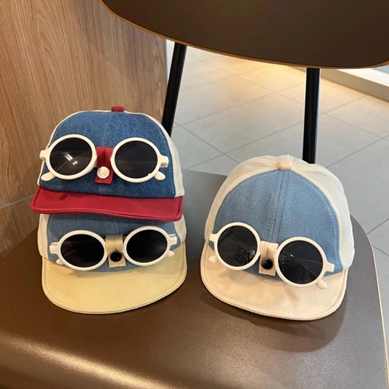 Patchwork Baby Baseball Cap With Detachable Sunglasses Summer Outdoor Infant Boys Girls Sun Hat Soft Toddler Kids Peaked Caps