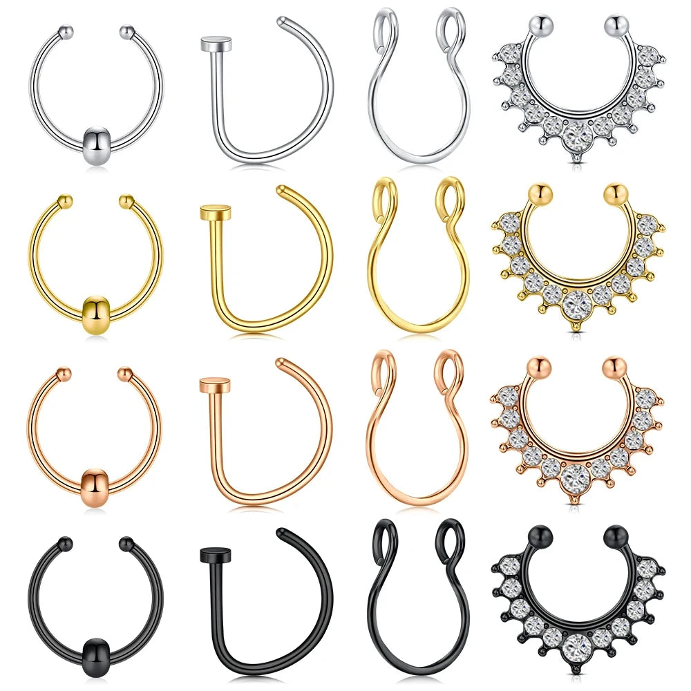1 Stück gefälschte Septum-Ringe, künstliche Nasenringe, Reifen aus Edelstahl, künstlicher Lippen-Ohr-Clip, kein Piercing, Septum-Nasenring, gefälschter Piercing-Schmuck